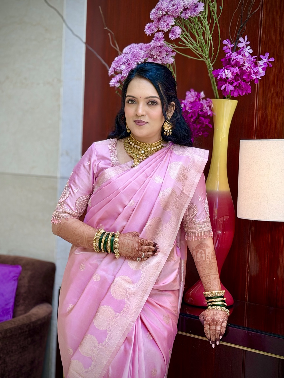 Soft glam guest look in a pink silk saree