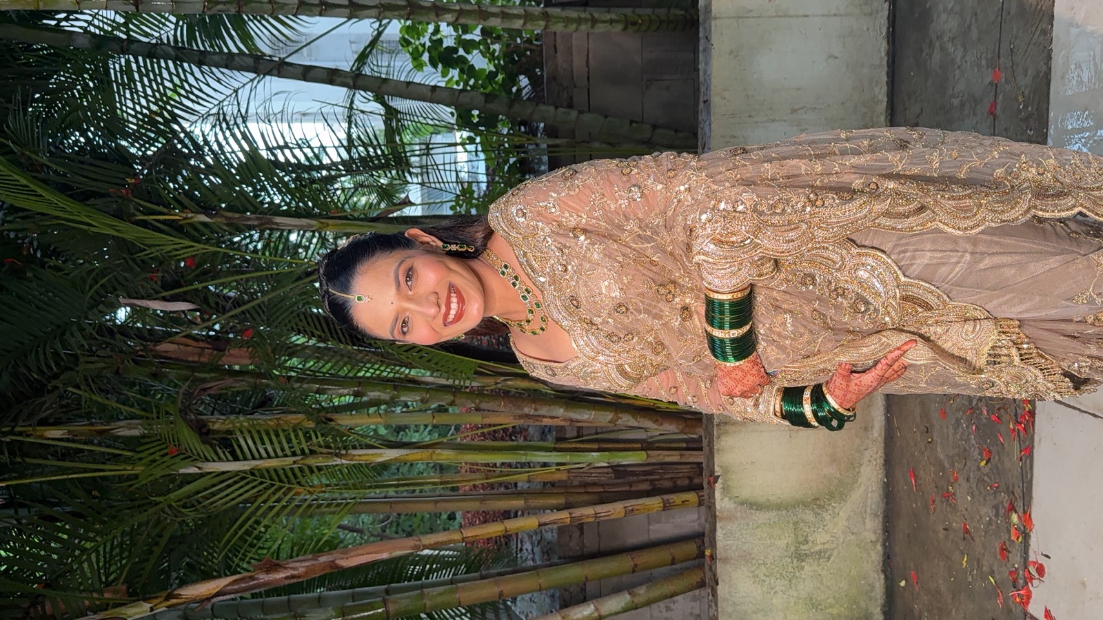 Party look with glam makeup in a beige saree